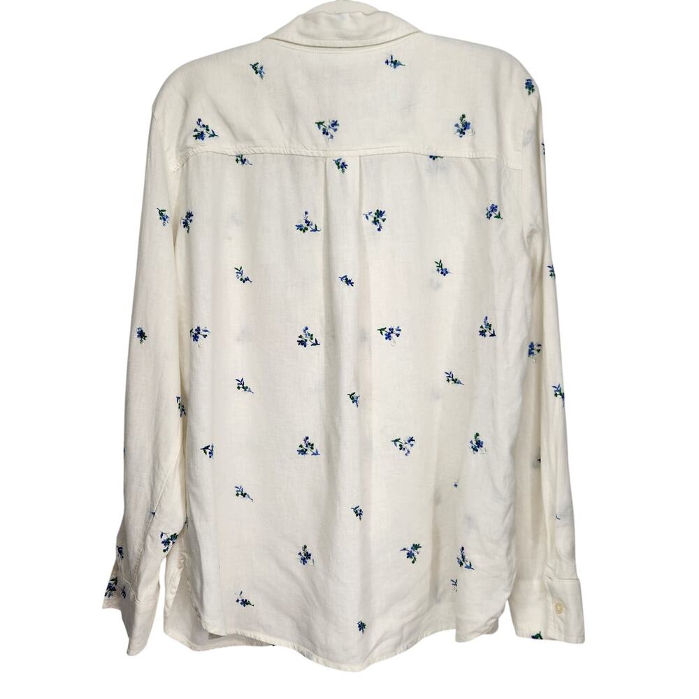Loft White Linen Blend Floral Embroidered Collared Button Up Shirt Women's L - Picture 8 of 8